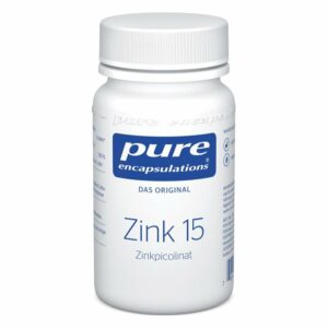 Weißer Kunststoffbehälter mit Schraubverschluss, beschriftet mit "Zink 15" und Angaben zu Zinkpicolinat.