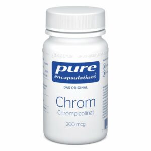 Weißer Flakon mit blauem Etikett, enthält Chrom in Form von Chrompicolinat, angegeben mit 200 mcg.