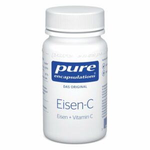 Weißer Pillenbehälter mit blauer Aufschrift "Eisen-C" von pure encapsulations, enthält Eisen und Vitamin C.