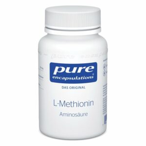 Weißer Plastikbehälter mit Schraubverschluss, beschriftet mit "L-Methionin" und der Marke "pure encapsulations".