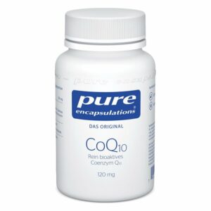 Weißer Flaschenbehälter mit Schraubverschluss, beschriftet mit 'pure encapsulations CoQ10 120 mg'.