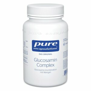 Weißes Fläschchen mit Schraubverschluss, gekennzeichnet mit "pure encapuslations Glucosamin Complex" und Inhaltsstoffen.