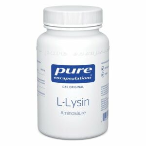 Weißer Behälter mit Schraubverschluss, beschriftet mit "pure L-Lysin" und "Aminosäure", 500 mg.