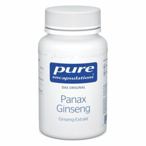 Weißer Plastikbehälter mit Schraubverschluss und blauem Etikett, beschriftet mit 'Pure Encapsulations Panax Ginseng'.