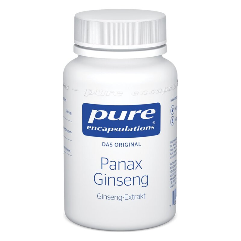 Weißer Plastikbehälter mit Schraubverschluss und blauem Etikett, beschriftet mit 'Pure Encapsulations Panax Ginseng'.