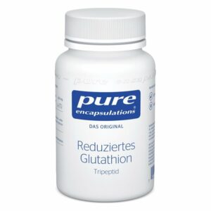 Weißer Flakon mit Deckel, beschriftet mit 'reduziertes Glutathion' und 'pure encapsulations'.