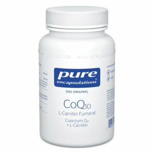 Weißes Kunststoffgefäß mit Schraubverschluss, beschriftet mit Coenzym Q10 und L-Carnitin von pure encapsulations.