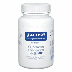 Weißer Kunststoffbehälter mit Schraubverschluss, beschriftet mit "pure encapulations Glucosamin Chondroitin + MSM".