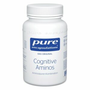 Weißer Kunststoffbehälter mit blauer Schrift, der die Bezeichnung 'Cognitive Aminos' trägt. Für eine Aminosäuren-Kombination.