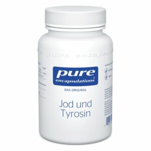 Weißer Behälter mit schwarzem Schraubverschluss, beschriftet mit "Jod und Tyrosin" und Logo von pure encapulations.