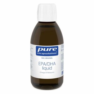 Braune Flasche mit weißem Schraubverschluss, etikettiert mit "pure EPA/DHA liquid" für Omega-3-Fettsäuren.
