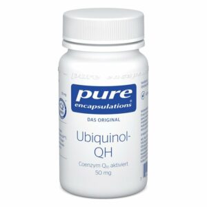 Weißer Flacon mit Schraubverschluss, beschriftet mit 'Ubiquinol-QH' und 'Coenzym Q10 aktiviert'.