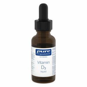 Braune Glasflasche mit schwarzem Tropfenverschluss, enthält flüssiges Vitamin D3, etikettiert mit Inhaltsstoffen.