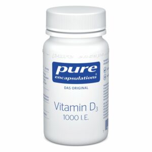 Weißer Kunststoffbehälter mit blauem Etikett für Vitamin D3, 1000 I.E, von pure encapsulations.