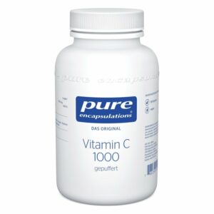 Weißer Behälter mit Deckel, enthält gepuffertes Vitamin C 1000 von Pure Encapsulations.