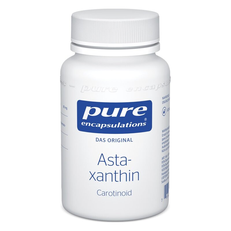 Weißes Fläschchen mit einem blauen Etikett, das Astaxanthin-Kapseln von Pure Encapsulations zeigt.