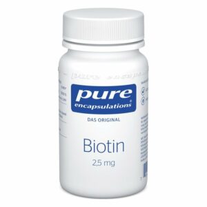 Weißer Kunststoffbehälter mit einem Schraubverschluss, der Biotin mit 2,5 mg enthält und das Logo von Pure Encapsulations zeigt.