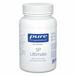 Weißer Kunststoffbehälter mit Schraubdeckel, sorgt für Nahrungsergänzungsmittel mit der Aufschrift 'SP Ultimate'.