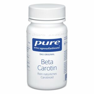 Weißes Fläschchen mit Schraubverschluss, beschriftet mit "Beta Carotin, rein natürliches Carotinoid" von Pure Encapsulations.