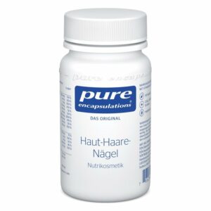 Weißer Behälter mit Schraubverschluss, beschriftet mit "Haut-Haare-Nägel" von Pure Encapsulations, für Nutrikosmetik.