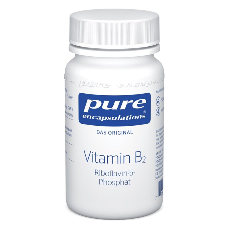 Weißes Fläschchen mit Schraubverschluss, etikettiert mit 'Vitamin B2 Riboflavin-5-Phosphat' von Pure Encapsulations.
