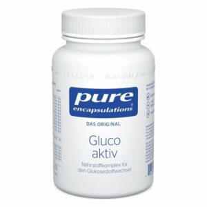 Weißer Kunststoffbehälter mit Schraubverschluss, beschriftet mit 'Gluco aktiv' von Pure Encapsulations.