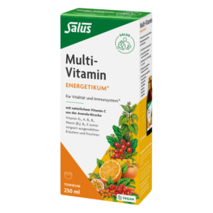 Verpackung eines Multi-Vitamins von Salus, grün-weiße Kartonbox mit Früchten und Kräutern, 250 ml flüssiges Tonikum.