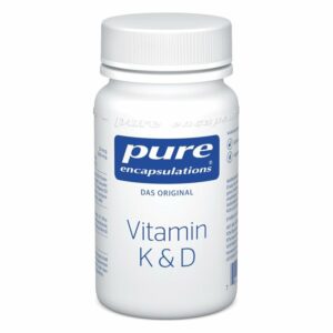 Weißer Kunststoffbehälter mit Schraubverschluss, beschriftet mit Vitamin K&D und Logos der Marke pure encapsulations.