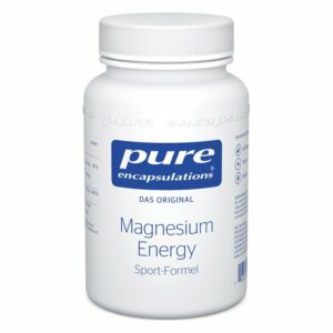 Weißer Kunststoffbehälter mit Schraubverschluss, der Magnesium Energy Sport-Formel enthält, mit blauer Schrift.