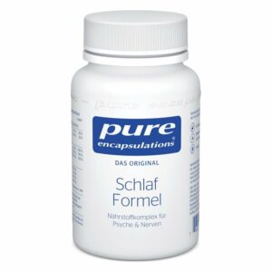 Weißer Kunststoffbehälter mit Schraubverschluss, etikettiert als "Schlaf Formel" von pure encapsulations.