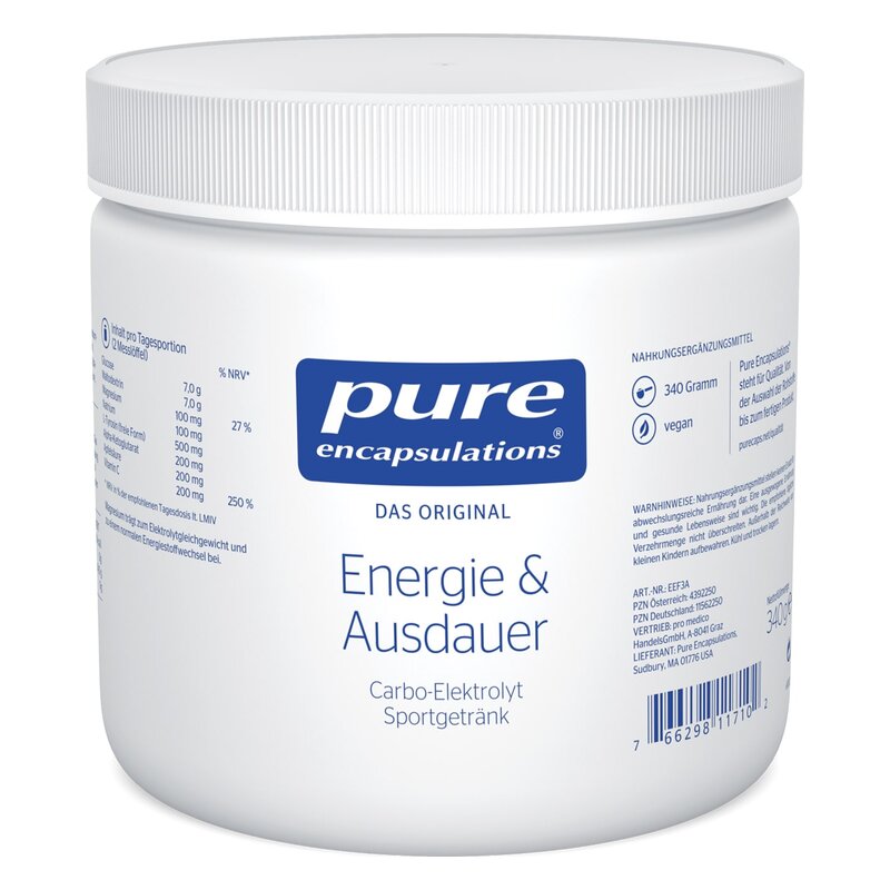 Weißer Container mit blauem Deckel, der ein Carbo-Elektrolyt Sportgetränk namens 'Energie & Ausdauer' von Pure Encapsulations enthält.