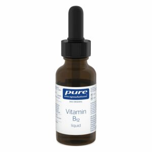 Braune Glasflasche mit schwarzer Pipette, enthält flüssiges Vitamin B12 mit Etikett von Pure Encapsulations.
