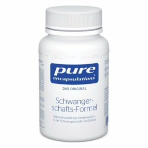 Weißes Fläschchen mit Schraubverschluss, beschriftet mit "pure encapsulations Schwanger-schafts-Formel".