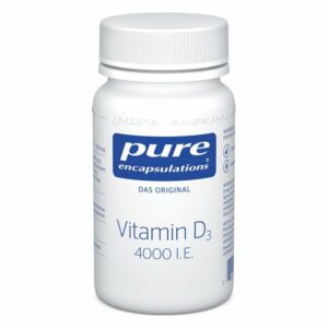 Weißer Kunststoffbehälter mit runder Schraubkappe, etikettiert mit "Vitamin D3 4000 I.E." und Logo von Pure Encapsulations.