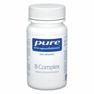 Weißer Behälter mit Schraubverschluss, beschriftet mit 'B-Complex Vitamin-B-Kombination' und Logo von Pure Encapsulations.