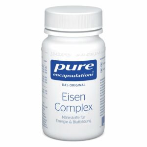 Weißer Kunststoffbehälter mit blauer Beschriftung, enthält Eisen Complex für Energie und Blutbildung.