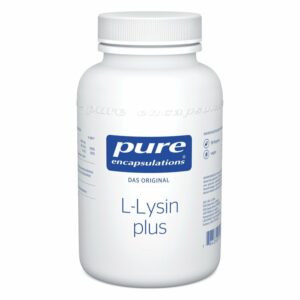 Weißer Kunststoffbehälter mit blauer Beschriftung, enthält L-Lysin plus von Pure Encapsulations.