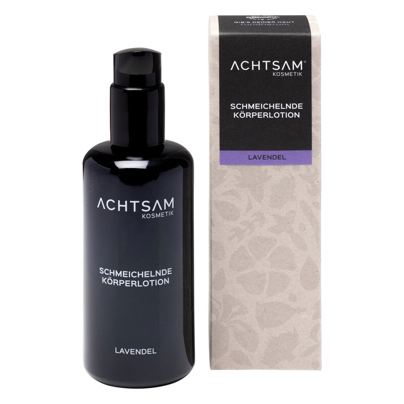 Schwarze Flasche mit Pumpern und Verpackung für lavendelduftende Körperlotion von ACHTSAM KOSMETIK.