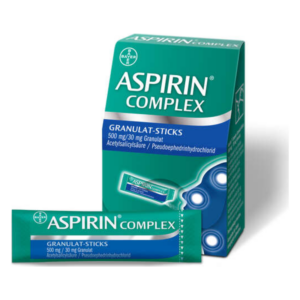 Verpackung von Aspirin Complex Granulat-Sticks in einer grünen Box mit einem Stick daneben.