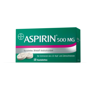 Packung mit 10 Kautabletten Aspirin 500 mg, wirkt gegen Schmerzen, enthält Acetylsalicylsäure.