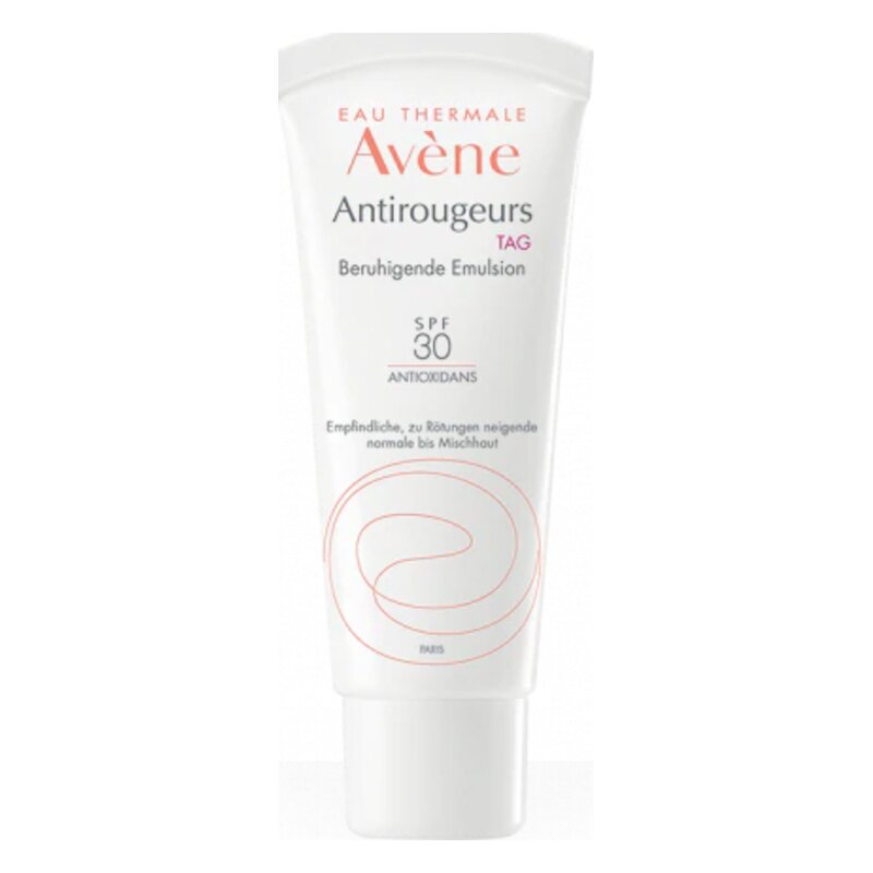 Tube mit beruhigender Emulsion von Avène für empfindliche Haut, enthält SPF 30 und Antioxidantien.