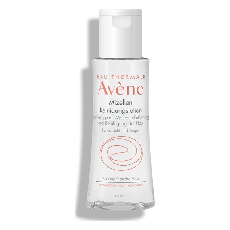 Durchsichtige Flasche mit weißem Deckel, enthält Mizellen Reinigungs lotion von Avène für empfindliche Haut.