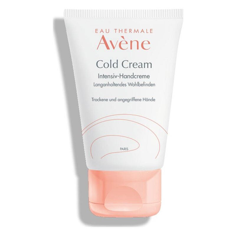 Tube mit intensiver Handcreme von Avène, die für trockene und angegriffene Hände gedacht ist.