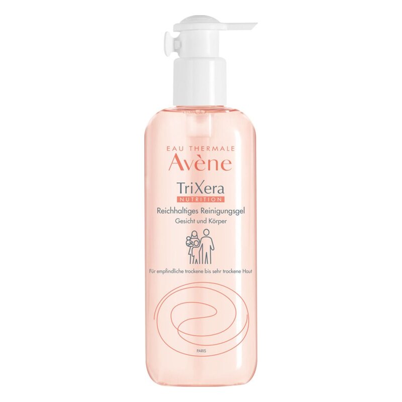 Reichhaltiges Reinigungsgel in einer transparenten Flasche mit Pumpspender, geeignet für Gesicht und Körper.