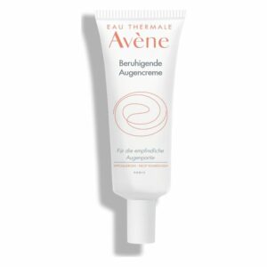 Tube mit beruhigender Augencreme von Avène für empfindliche Augenpartien, weiß mit oranger Schrift.