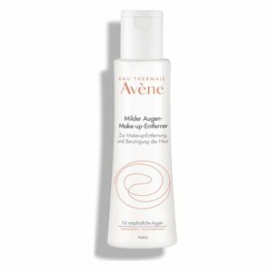 Eine durchsichtige Flasche mit milder Augen-Make-up-Entfernerlotion von Avène, beschriftet zur beruhigenden Hautpflege.