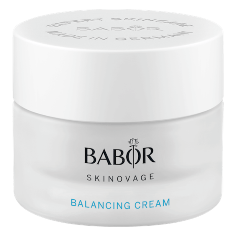 Weiße Cremeverpackung von BABOR, mit dem Aufdruck "SKINOVAGE BALANCING CREAM" auf dem Etikett.