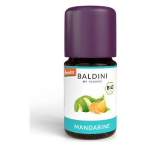 Braunes Fläschchen mit lila Kappe, etikettiert mit "Baldini Mandarine" und Bio-Siegel.
