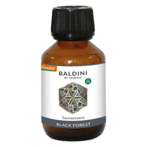 Dunkles Fläschchen mit schwarzem Schraubverschluss und einem Etikett für Baldini Saunaaessenz "Black Forest".