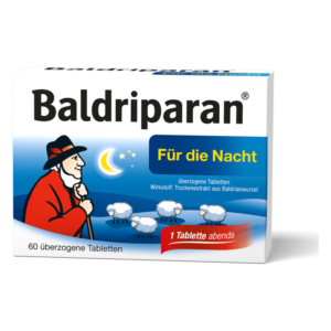 Packung Baldriparan für die Nacht, mit Illustration eines Mannes in Hut und schlafenden Schafen, 60 überzogene Tabletten.
